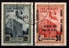 SAN MARINO 1942 GIORNATA FILATELICA + ARBE SOPRASTAMPATO N.225-226 US.