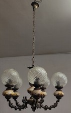 Lampadario D'epoca In Porcellana E Ottone  Vintage Modernariato