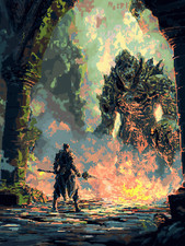 Knight vs Fiery Monster Pixel Battle Poster 18x24in