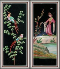 Arte orientale Giappone 2 graziosi materici dipinti olio vetro geisha pappagalli