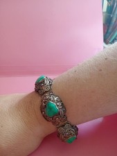 PREZIOSISSIMO GRANDE BRACCIALE ANTICO TURCHESE NATURALE FILIGRANA D'ARGENTO