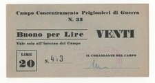 BUONO  20 LIRE  CAMPO CONCENTRAMENTO PRIGIONIERI DI GUERRA N.33
