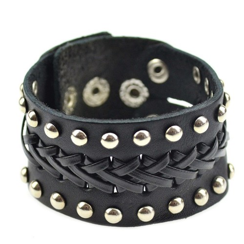 Bracciale cuoio borchie nero - cuoio,