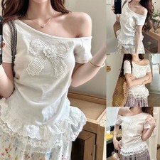 T-shirt donna spalle scoperte fiocco pizzo slim manica corta casual moda top