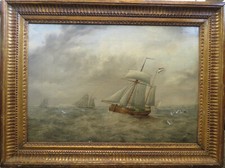 Dipinto olio su tela Marina con velieri, incollata su tela,, cm 30,5x43,5