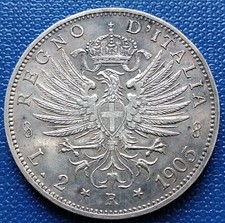 MONETA REGNO V. E. III 2 LIRE 1905,AQUILA SABAUDA,COMUNE,AG 10 GR,CONS.BB+SPL