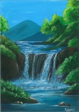quadro originale A4 9AnO opera d'arte guazzo paesaggio moderno cascata