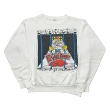 Felpa vintage chi ha incorniciato Roger Rabbit etichettata XL girocollo bianca Disney anni 80