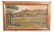 Dipinto con cornice in oro Olio su masonite Paesaggio di campagna  Misura  25x45