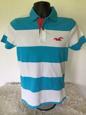 NWT Y2K HOLLISTER Mens/Dudes SS Striped Polo Shirt w/ Logo (Light Blue & White)