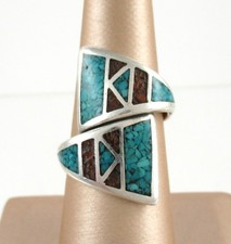 Anello mosaico argento sterling .925 corallo turchese incrocio schiacciato sud-ovest