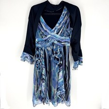 Abito smanicato Claudia Gil blu fantasia finto avvolgente con giacca seta taglia 6