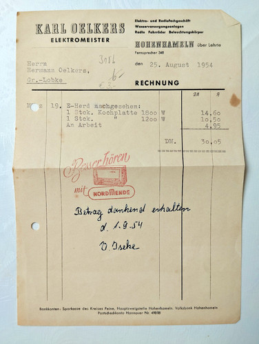 Hohenhameln 1954 fattura di - fattura,