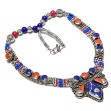 Collana Corallo Rosso Lapislazzuli Argento Tibetano Charm Nepalesi Gioielli...