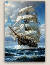 STAMPA SU TELA DI BELLISSIMO VELIERO SENZA TELAIO in legno CM.30X40