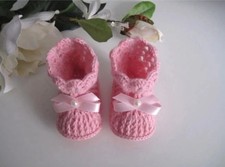 Scarpine Neonata Nascita Fatte a Mano Uncinetto Crochet Handmade Lana Rosa