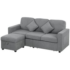 HOMCOM Divano 3 Posti in Velluto a Coste e Pouf Contenitore 196x139x85 cm Grigio