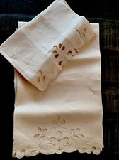 Coppia Asciugamani In Lino Beige Ricamati Vintage Biancheria Corredo