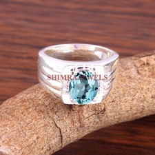 Naturale Topazio Blu Gemma Con 18K Placcato Oro Bianco Argento Anello da Uomo #