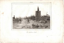 Stampa antica SEVILLA veduta della TORRE DEL ORO Siviglia 1840 Antique print