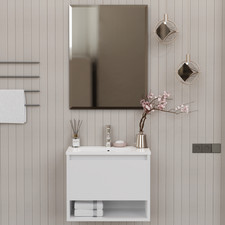 MOBILE BAGNO SOSPESO CON LAVABO CERAMICA E SPECCHIO 1CASSETTO 1 VANO 60cm BIANCO