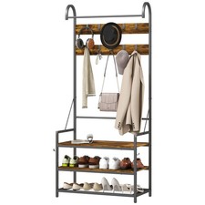 HOMCOM Mobile Appendiabiti con Asta, Ganci, Panca e Scarpiera Marrone Nero