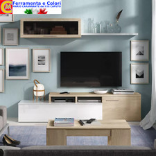 Parete Attrezzata Angolare Sala Pranzo Soggiorno Mobile TV Pensile Rovere Bianco