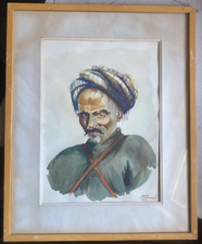 AQUERELLO Ritratto Orientale Uomo Soldato Alesh Teheran 1961 Studio Hayradeitian
