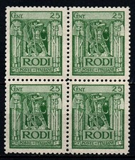 Italia-Colonie 1929 Egeo Pittorica c.25 verde. Quartina D.11 Mnh**  Sassone 6