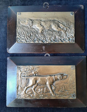 COPPIA BRONZETTI CACCIA CANE BRACCO SETTER  CORNICE QUADRO LEGNO OTTONE O BRONZO