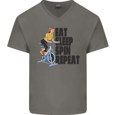 Spinning Eat Sleep Spin Ripetere Ciclismo Uomo Scollo A V Cotone T-Shirt