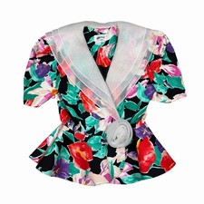 Giacca top blazer vintage Leslie Fay anni 80 Peplum collo chiffon rosa floreale taglia 6