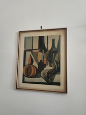 Stampa acquerellata a colori anni settanta Renato Guttuso " fiaschi di vino"...
