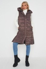 GIACCA GILET DONNA CON CAPPUCCIO LUNGA LINEA PUFFER MARRONE SCALDA CORPO IMBOTTITO 8-18