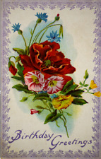 Postcard Birthday Greetings Poppy Wild Flower Botanical Floral Bouquet Art ECC