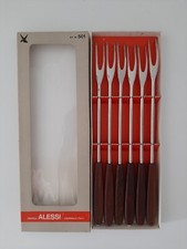  6 Forchette Fonduta Acciaio Inox Alessi con Manici In Legno - Vintage