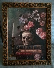 Dipinto a olio Memento Mori Vanitas teschio in cornice Liberty