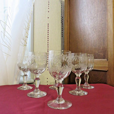6 Antique Glass Engraved Wine