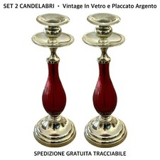 Lotto Di 2 Candelabri In Vetro Rosso / Placcato Argento • Antichi Vintage