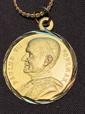 Collana Vintage Papa Paolo VI Medaglia Penant ROMA Roma Italia Tono Oro Cattolica