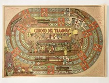 Gioco Del Tramway, Plancia Da Gioco Su Carta, 1930. Gioco Dell’oca Antico