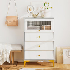 Comò 3/4 Cassetti Mobiletto Moderno Con Porta in Vetro a Ribalta E Cassetti Estr