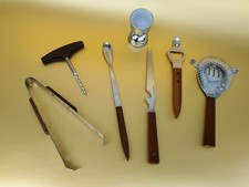 VINTAGE Set 7 Pezzi Utensili da Bar MCM Acciaio Inox Manici Legno Barware