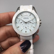 Orologio Fossil Riley Ceramica Donna 37mm Quadrante Bianco Data Giorno Batteria Nuova 6,5"