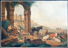 Stampa antica 1799 acquatinta a colori John Murphy campagna romana bucolico