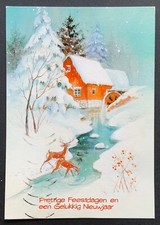 Cartolina natalizia - Paesaggio innevato, Natale, Auguri, mulino ad acqua, daini