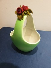 Vaso Cestino Verde In Ceramica LENCI Con Decoro Di Fiori In Panno