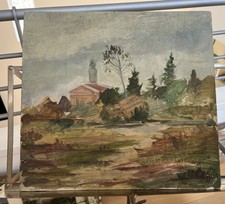 Dipinto Ad Olio Su Legno 33.5x31, Paesaggio Di Campagna