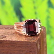 Naturale Granato Gemma Con 18K Argento Placcato Oro Rosa Anello per Uomo #207