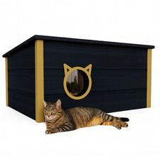 QLS Cuccia per Gatti in Legno 73x52x38 cm con Tenda Resistente alle Intemperie Isolata Grigio Scuro